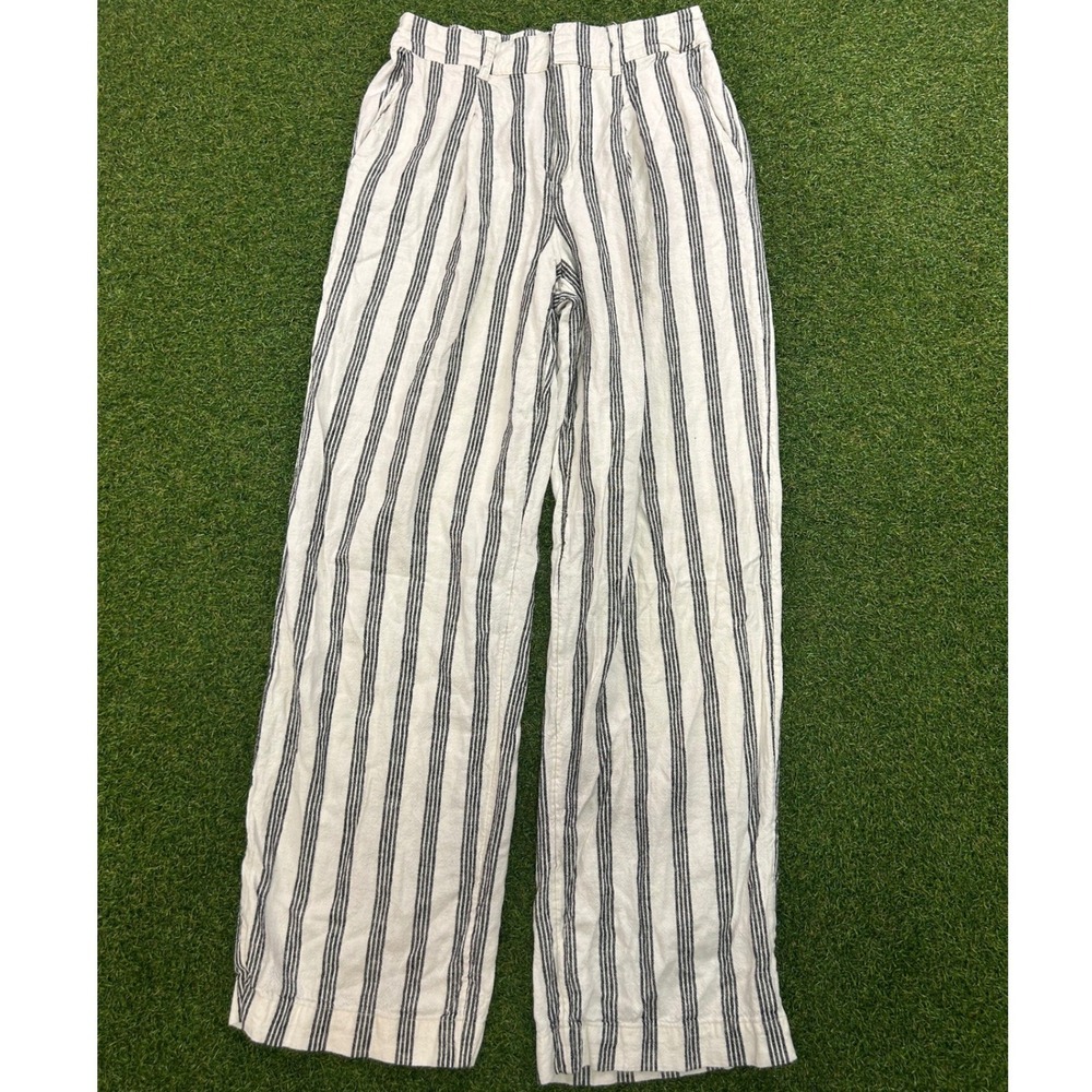 A New Day Womens Striped High Rise Wide Leg Linen Pants White Blue 4 Regular